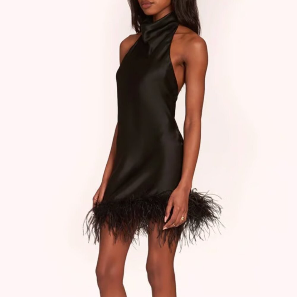 Amanda Uprichard Lunaria Feather Little Black Mini Dress NWT Size XL